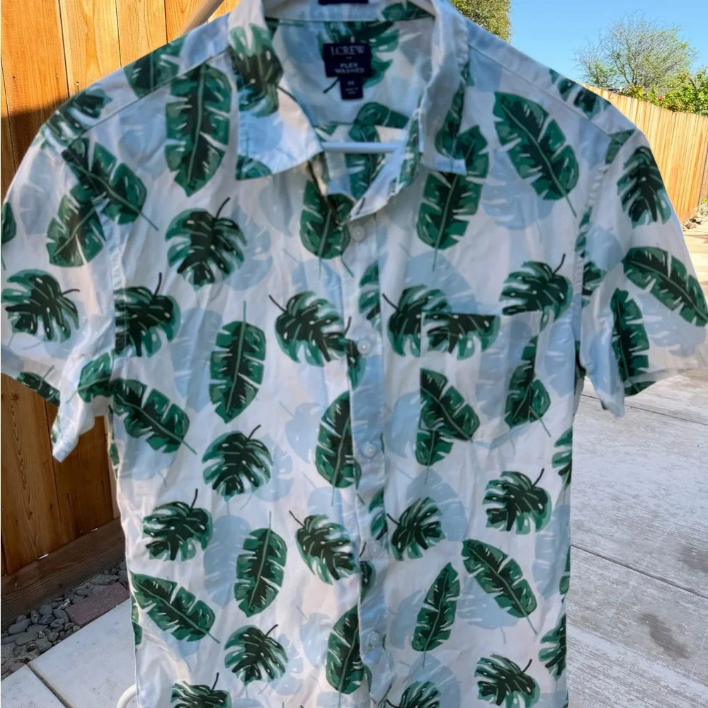 J. Crew White Short-Sleeve Button-Down with Green Leaf Print
